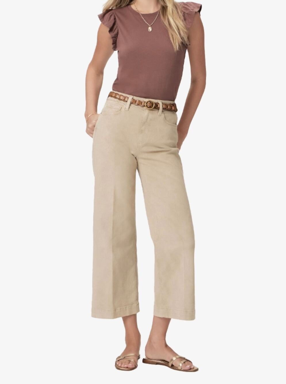 PAIGE Anessa Women’s High Rise Wide Leg Jeans Beige Soft Sand Size 26